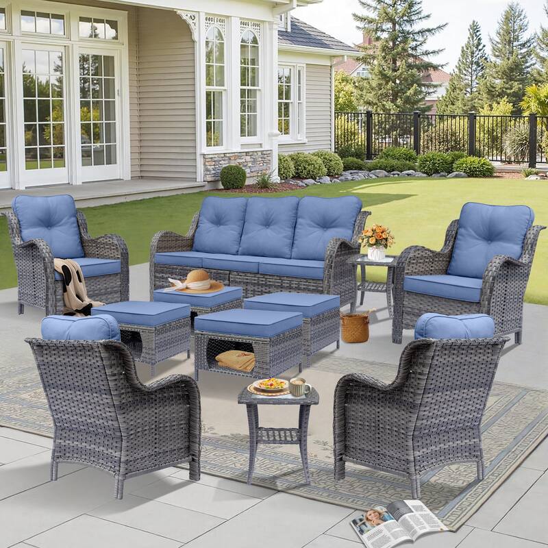 Gray Wicker Outdoor Patio Conversation Seating Sofa Sets with Cushions