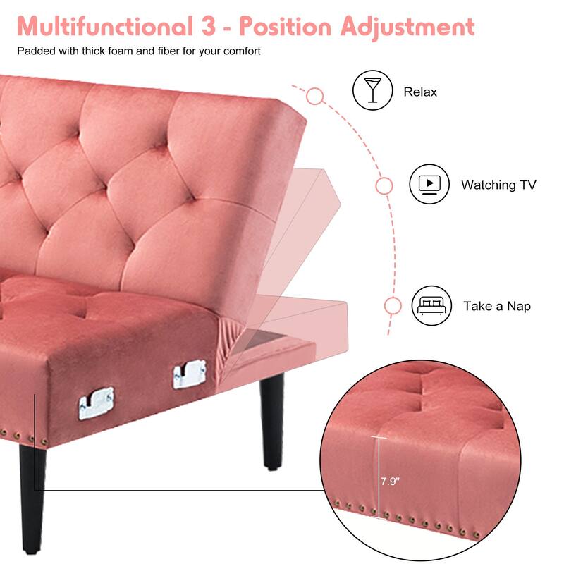 Convertible Velvet Sofa Couch, Sectional Sofa with Ottoman, Mid-Century Futon Sofa Bed - 32"D x 100.7"W x 29.9"H