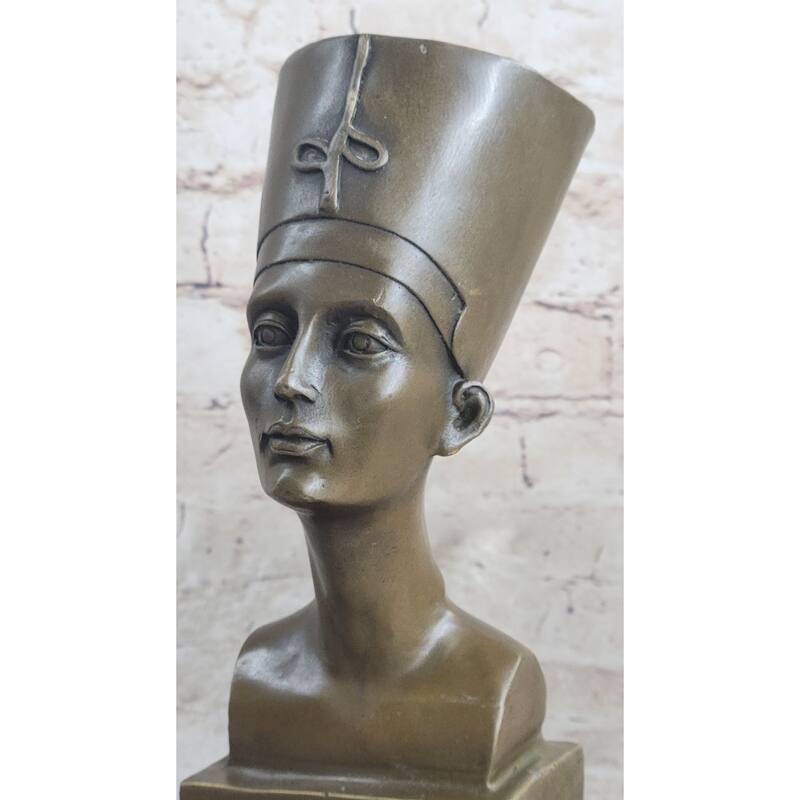 Egyptian Queen Nefertiti Bronze Bust Statue Sculpture Figure On Marble Base 10 Inchesx 5 Inches