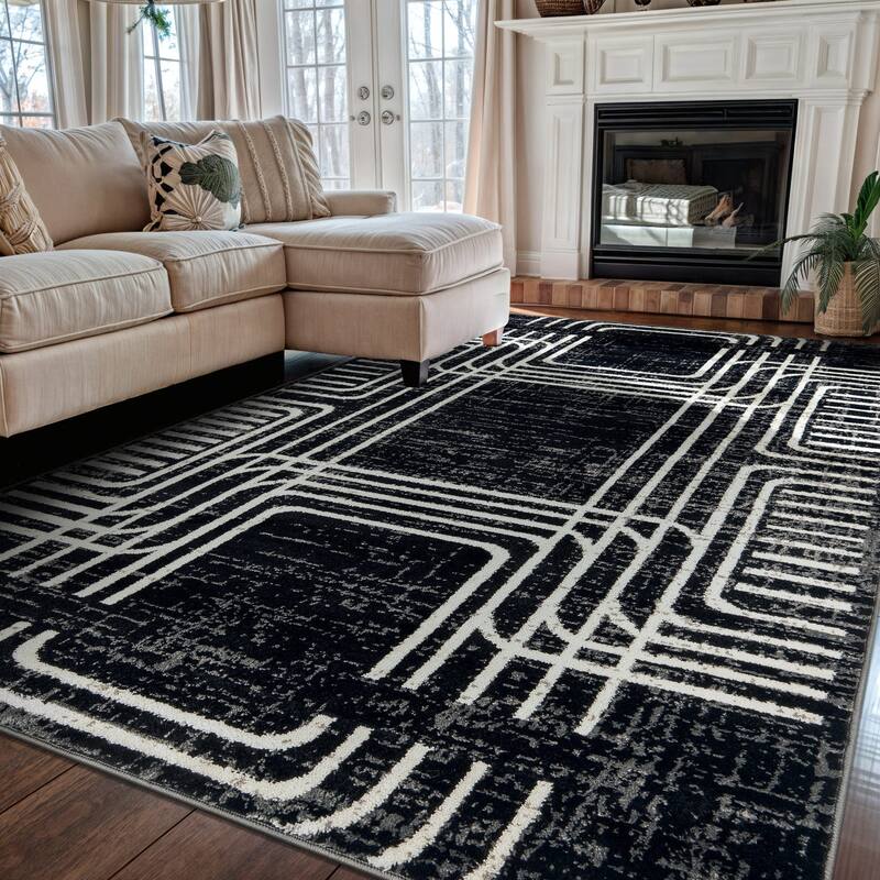 Bohemian Lines Black Ivory Gray Durable Area Rug Pet Friendly, Perfect for Entryway, Living Room, and Bedroom