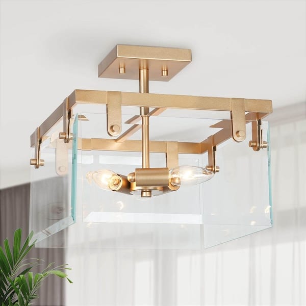 slide 2 of 10, Modern Gold 3-Light Square Shape Semi Flush Mount Foyer Kitchen Ceiling Lights - 12.5" L x 12.5" W x 11.5" H