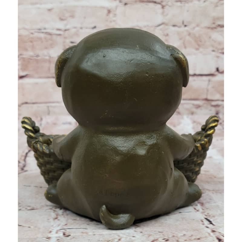 Bronze Pug In Basket Statue - Whimsical Imitative Dog Sculpture Decor