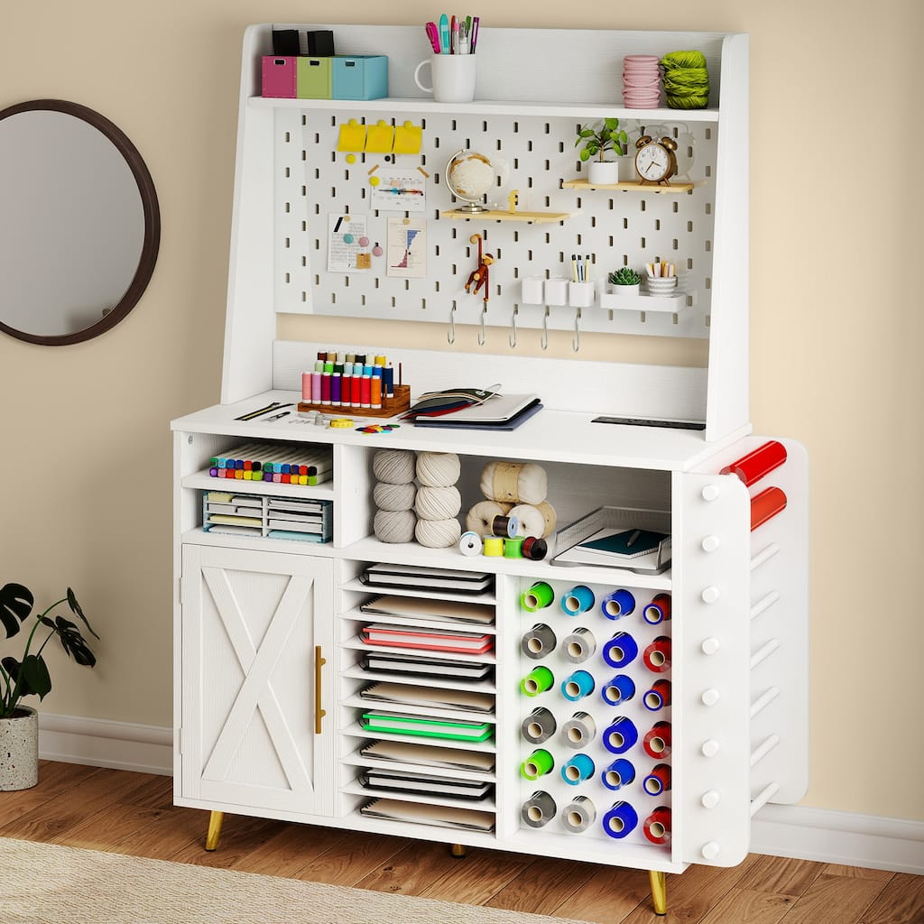 Moasis Craft Table with Storage Cabinet, USB Ports and AC Outlets, Crafting Organizer Compatible with Cricut Machine