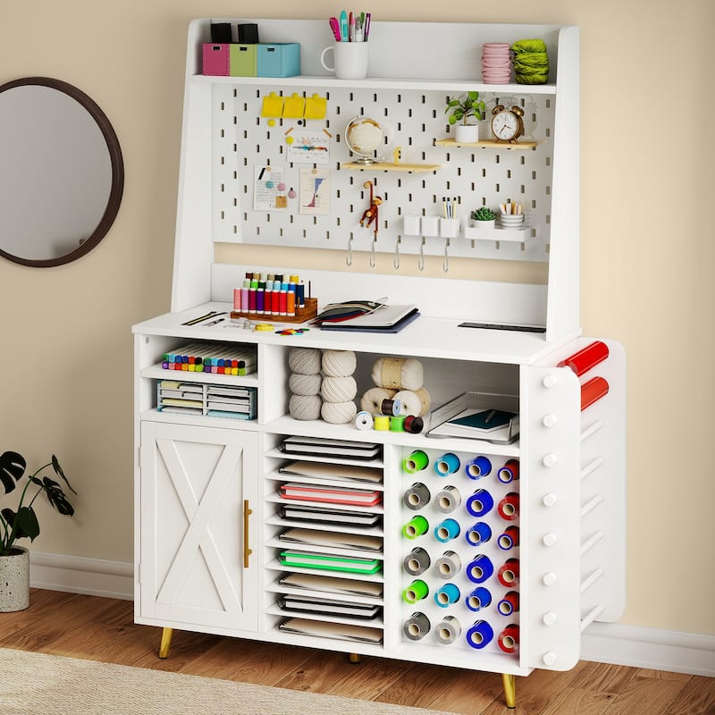 Moasis Craft Table with Storage Cabinet, USB Ports and AC Outlets, Crafting Organizer Compatible with Cricut Machine