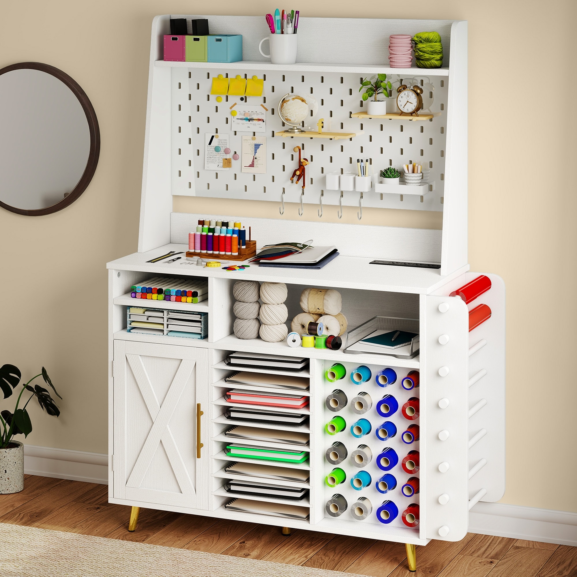 Moasis Craft Table with Storage Cabinet, USB Ports and AC Outlets