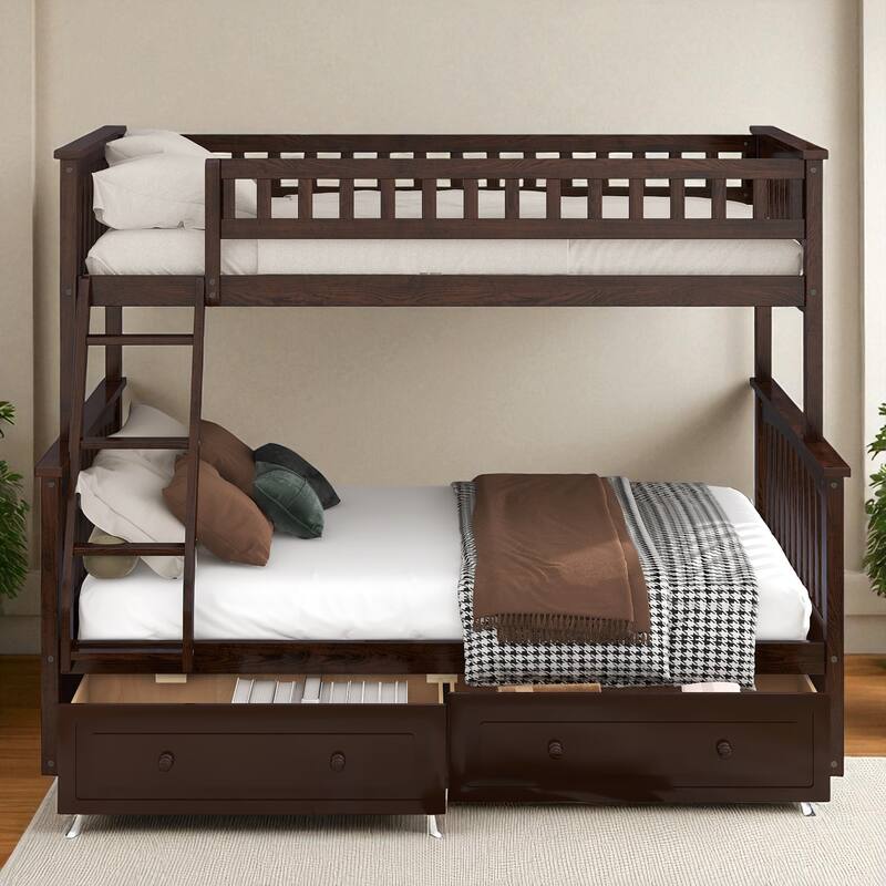 Twin over Full Bunk Bed with Drawers, Convertible to 2 Beds, Pine/MDF, Staircase & Guardrails, 79.7 x 57.5 x 61.2 in