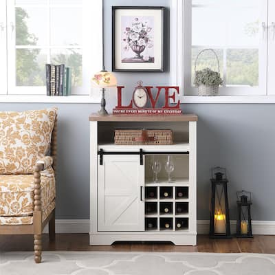 Farmhouse Storage Cabinet with Sliding Barn Door & Wine Shelf, Small Storage Cabinet for, Kitchen, Living Room, Rustic O