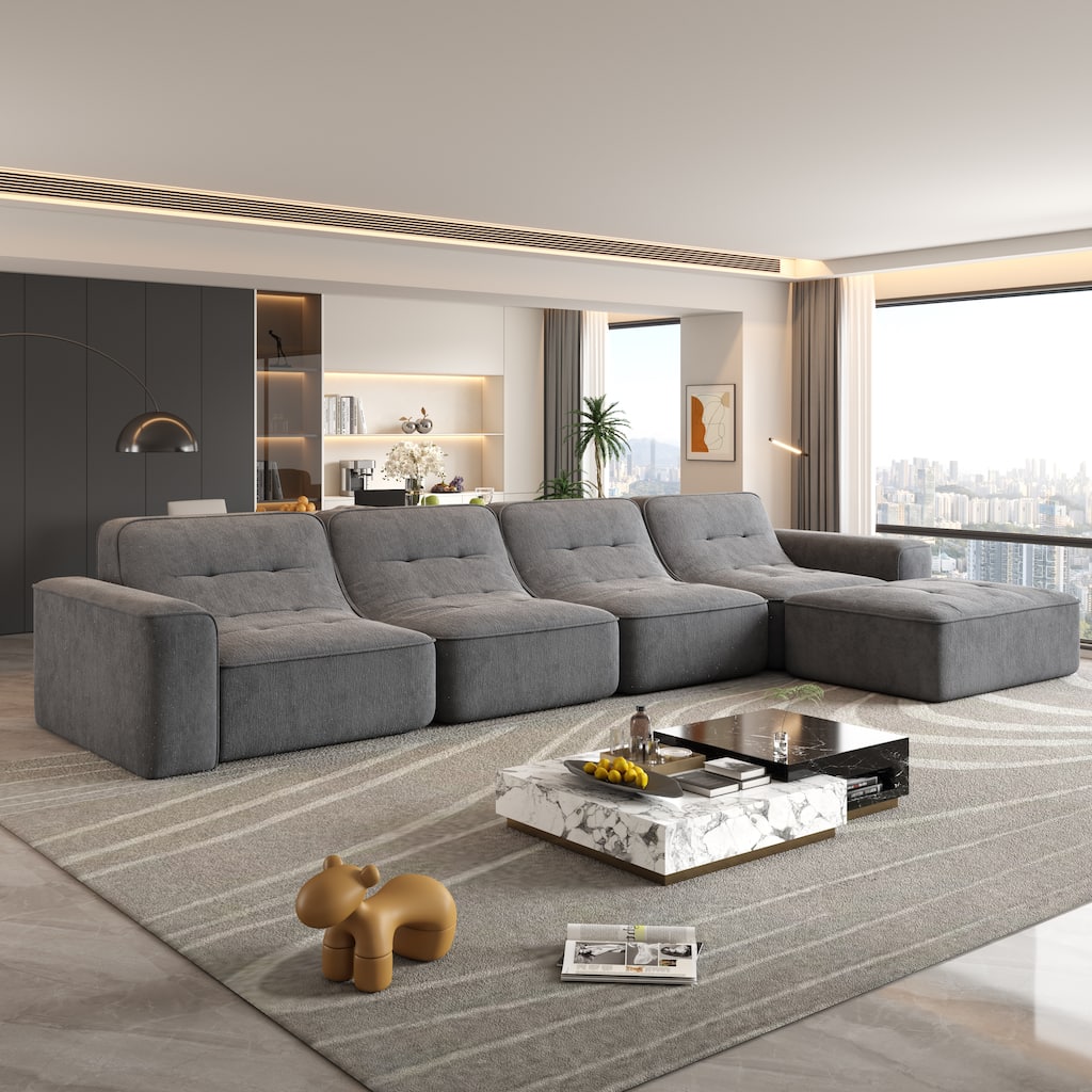 GDFStudio - Modern 143.7" Tufted Chenille Upholstered Modular Sectional Sofa Set with Removable Ottoman & Ergonomic Design