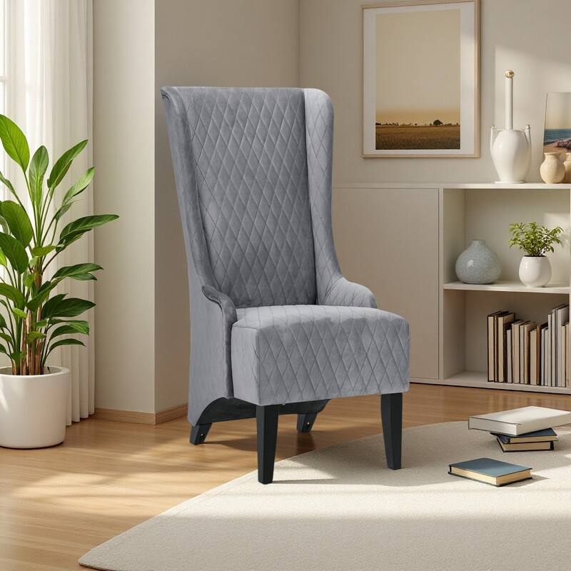 Velvet Wingback Chair with High Back Support and Wooden Legs - Gray
