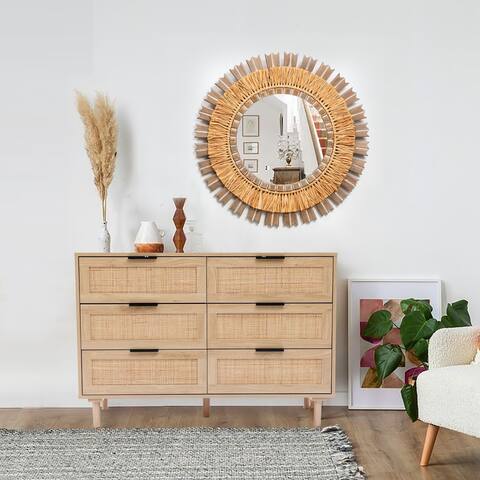 Light Wood 6-Drawer Rattan Bedroom Dresser