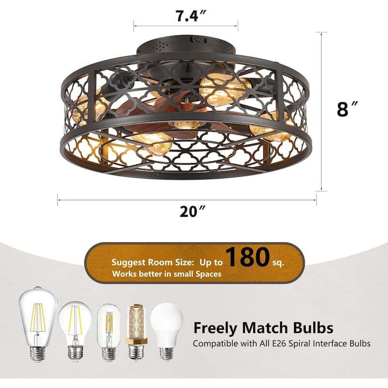 20 inch Flush Mount Ceiling Fan Light with Remote Caged Farmhouse Fandelier Black Wood Low Profile