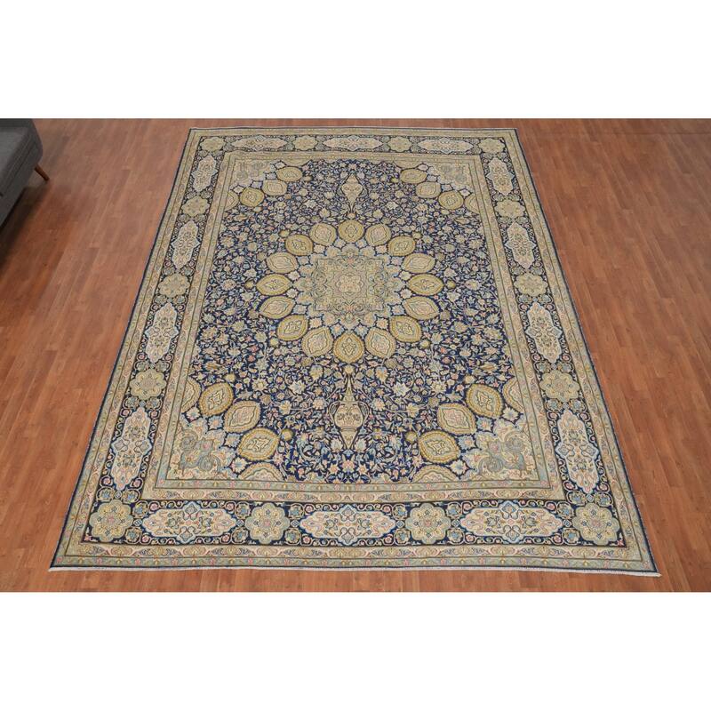 Hand Knotted Oriental 100% Wool Carpet Traditional Floral Navy Blue & Blues Kerman Area Rug - 13' 4'' X 10' 0''