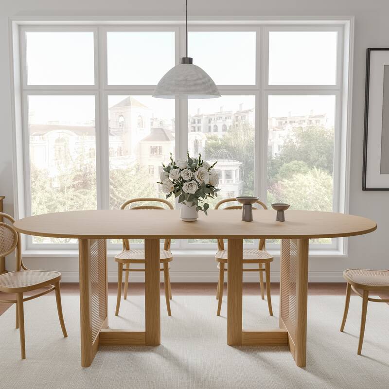 Modern Farmhouse Kitchen Dining Room Table Furniture Oval Kitchen Table with Rattan Woven Legs for Kitchen Bar Living Room