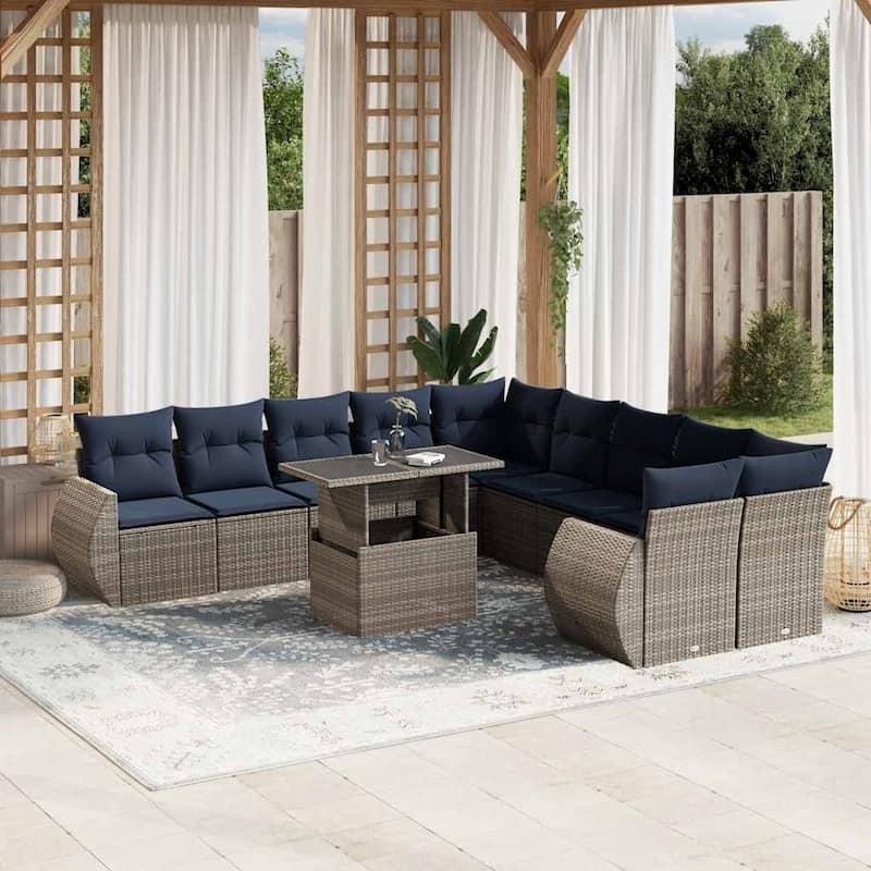 vidaXL 11 Piece Patio Sofa Set with Cushions Black/Brown/Gray Poly Rattan - 24.4 x 24.4 x 27.2