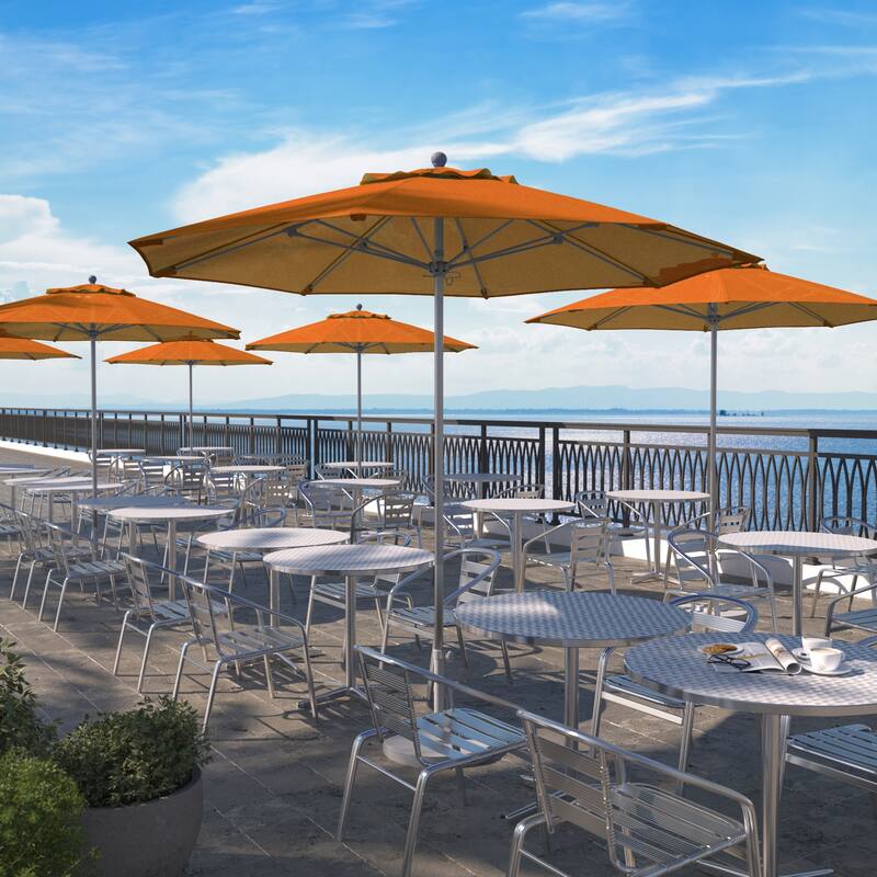 California Umbrella 9' Rd. Aluminum Frame, Fiberglass Rib Patio Umbrella, Push Open,Anodized Silver Finish, Sunbrella Fabric - Tuscan