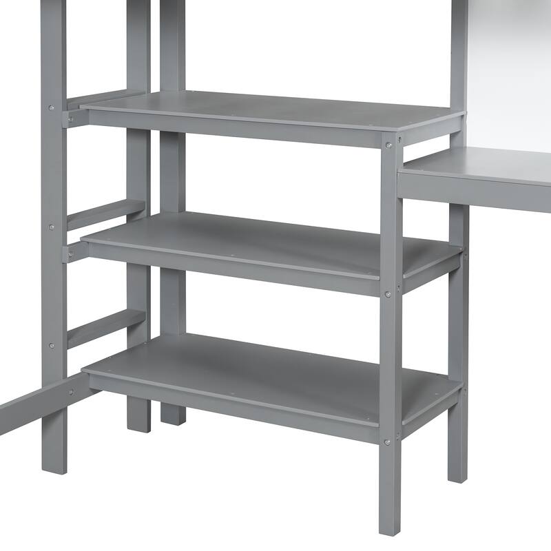 Space-Saving Twin Loft Bed with Shelves, Desk & Writing Board - Gray
