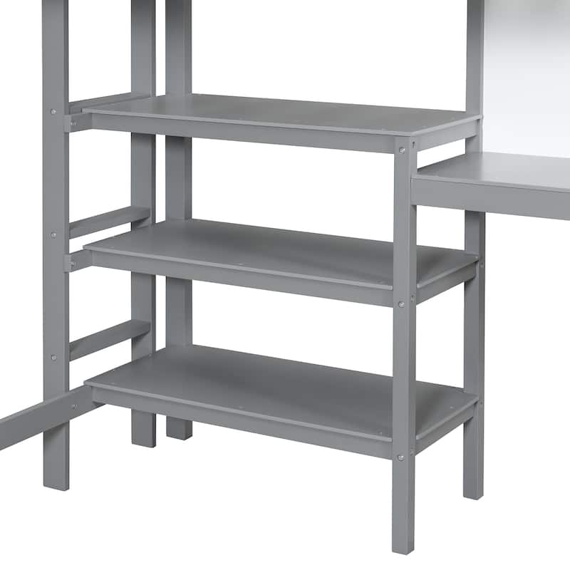 Twin Size Wooden Loft Bed with Built-In Desk, 3-Tier Shelves, Writing Board and Safety Guardrails, Space-Saving Design