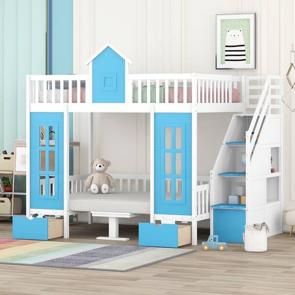 slide 2 of 9, Blue Full Pine Bunk Bed with Changeable Table, Storage Staircase, Drawers Blue