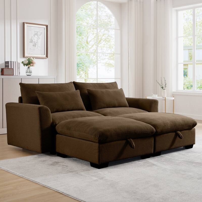 Corduroy Loveseat Sofa Couch with Storage Ottomans, Modern Sectional 2 Seater Sofa with Deep Seat, Pillows for Small Spaces