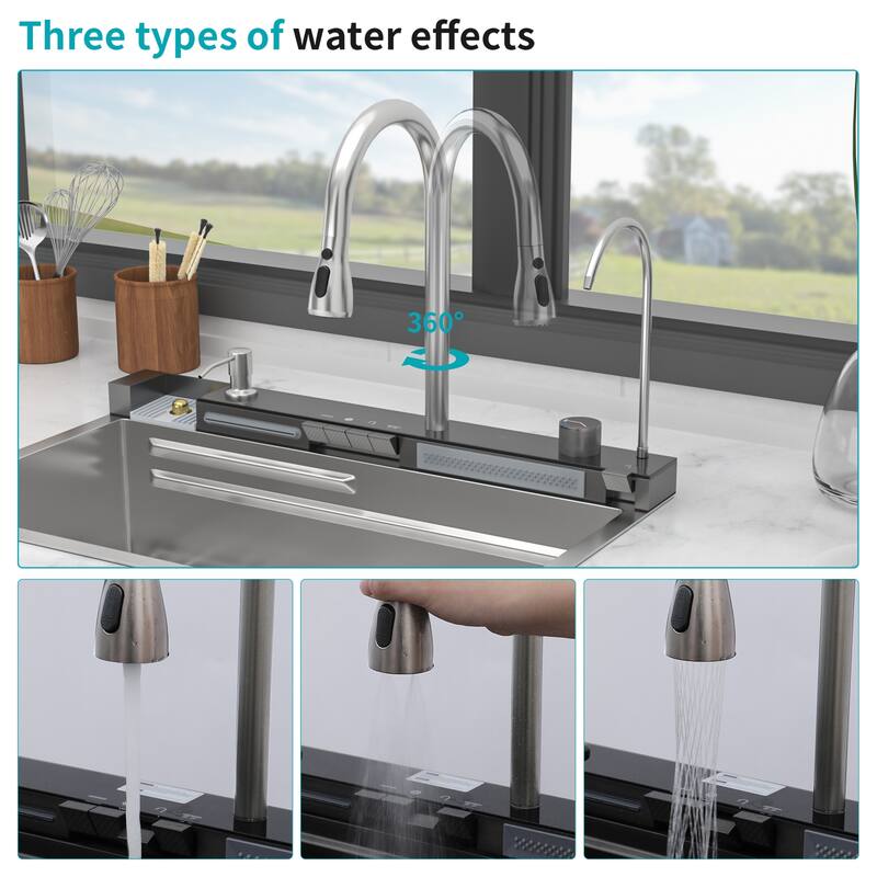 30" Kitchen Sink Waterfall Sink - Multifunction Single Bowl 16 Gauge Stainless Steel Ledge Workstation Smart Top Mount