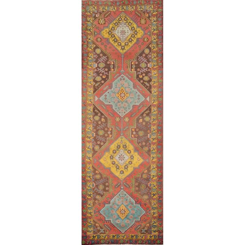 Hand Knotted Oriental 100% Wool Carpet Traditional Geometric Oranges & Rust Ardebil Runner Rug - 13' 9'' X 3' 11''