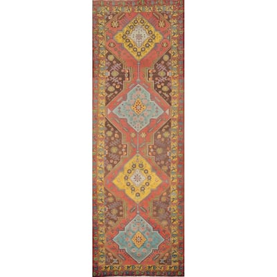 Hand Knotted Oriental 100% Wool Carpet Traditional Geometric Oranges & Rust Ardebil Runner Rug - 13' 9'' X 3' 11''