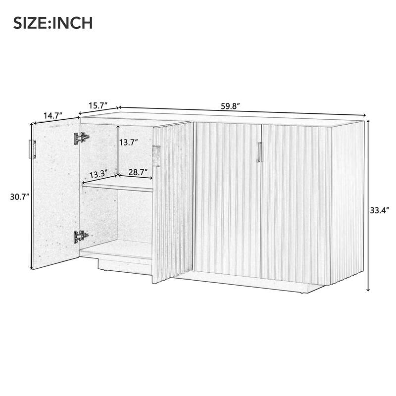 Buffet Cabinet with 4 Fluted Doors, Sideboard Cabinet with Storage, Wooden Storage Cabinet with Adjustable Shelves