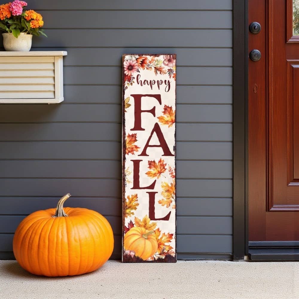 HomeRoots 36" Off White And Orange Solid Wood Happy Fall Leaves Porch Sign