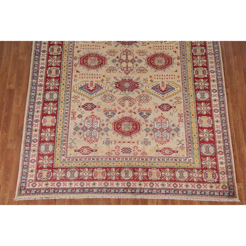 Hand Knotted Oriental 100% Wool Carpet Traditional Tribal Beige & Ivories Kazak Area Rug - 9' 6'' X 6' 9''