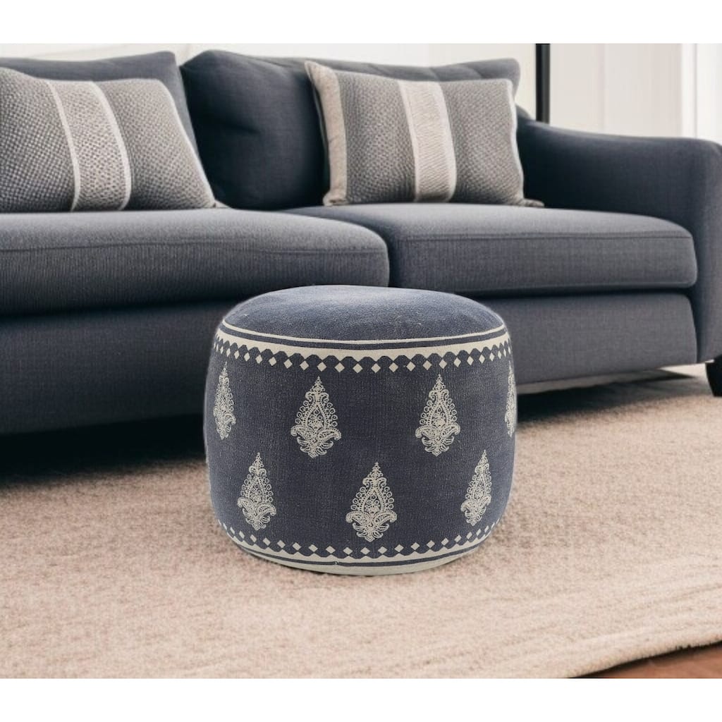 HomeRoots 18" Blue Cotton Cylinder Paisley Pouf Ottoman
