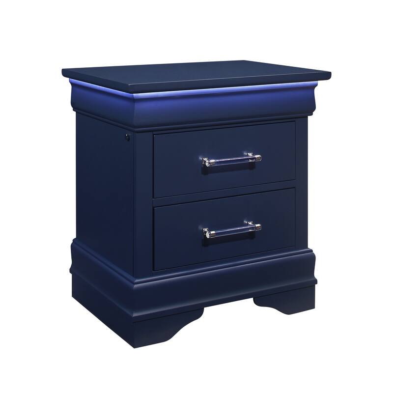 Blue LED Nightstand with 2 Spacious Drawers, Transitional Style