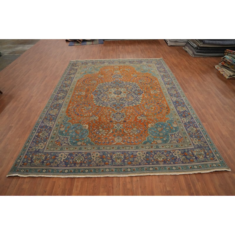 Hand Knotted Oriental 100% Wool Carpet Traditional Floral Oranges & Rust Tabriz Area Rug - 13' 0'' X 9' 10''