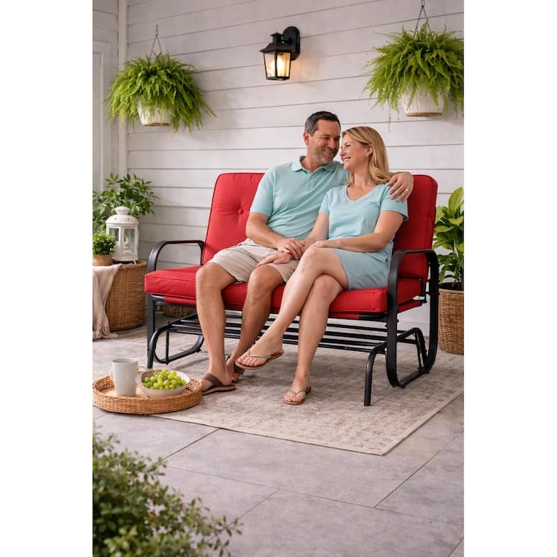 Winston 2-Person Brown Steel Outdoor Loveseat Glider with Polyester Red Cushion - N/A