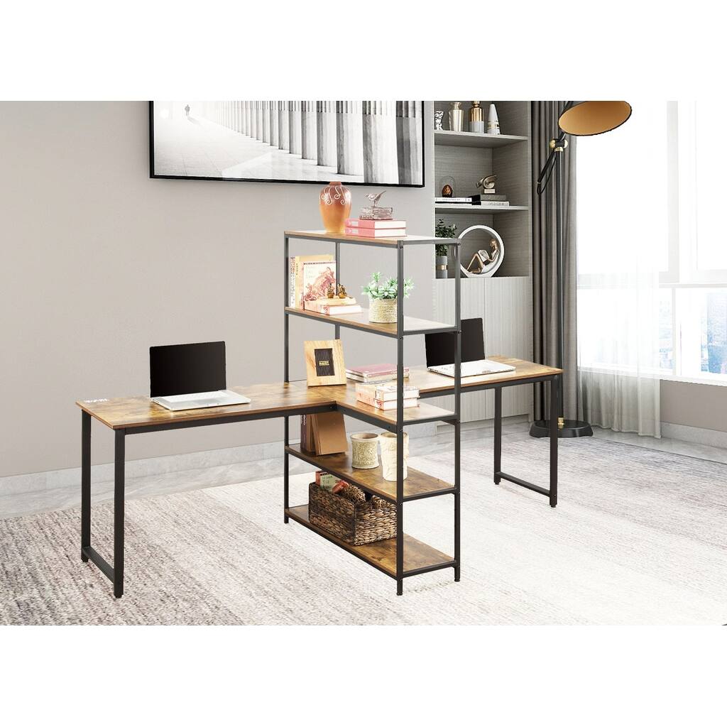 Home Office Two Person Computer Desk with Shelves, Extra Large Double Workstations