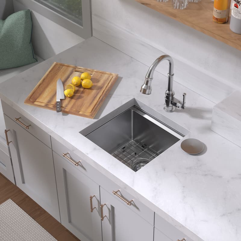 Whitehaus Undermount Single Bowl 16 Gauge Brushed Stainless Steel Workstation Sink With Accessories