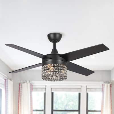 48" Black Wood 4-Blade Crystal Ceiling Fan with Remote and Light Kit