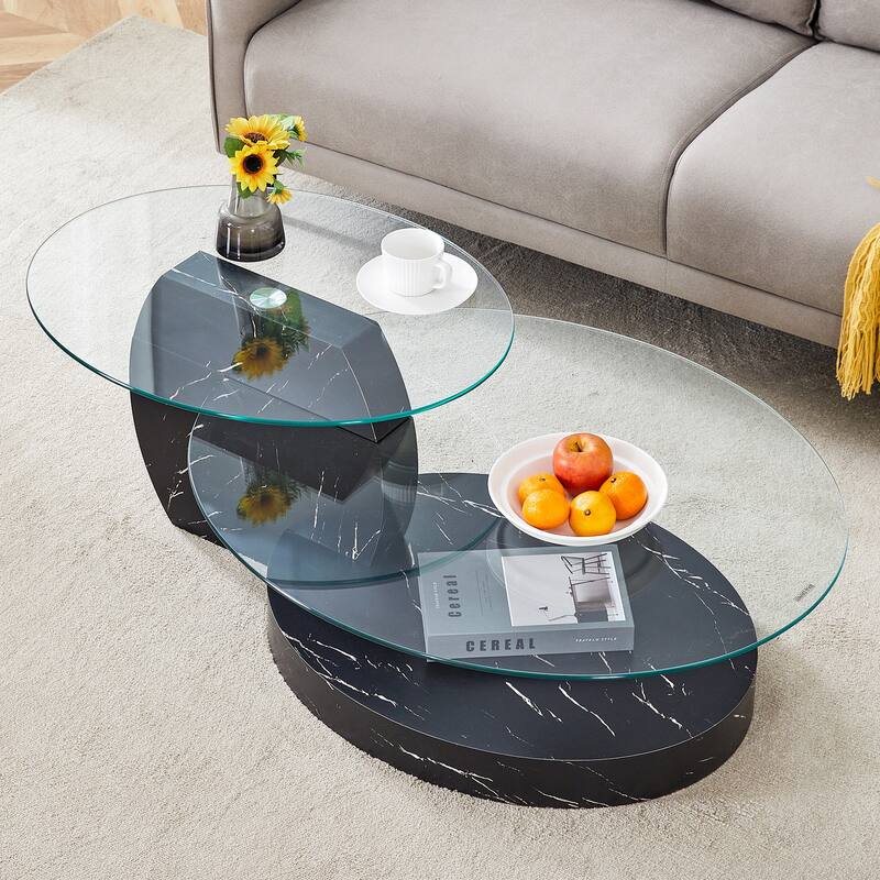 Modern Round Glass Coffee Table w/ Wood Base, 3 Tier Round Coffee Table, Clear Cocktail Table w/ Storage for Home Office