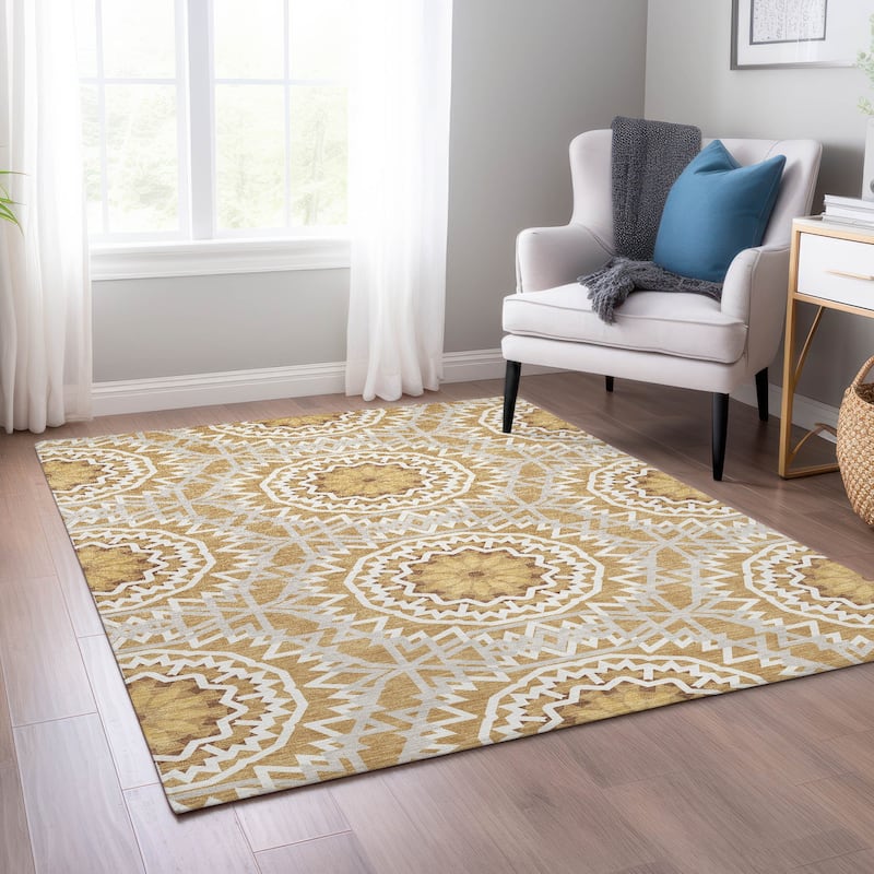 Machine Washable Indoor/ Outdoor Chantille Moroccan Boho Rug - Gold - 10' x 14'