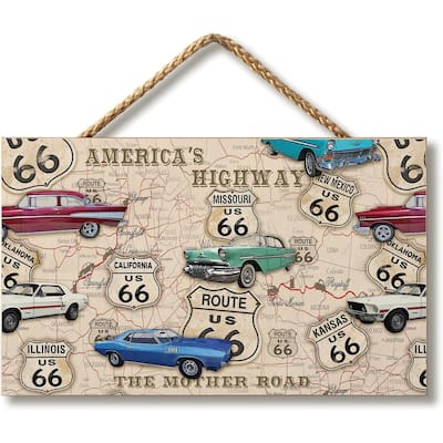 Route 66 Map Decorative Hanging Wood Sign 9.5” by 5.75” Made in the USA Includes Attractive Braided Rope Hanger - Multi