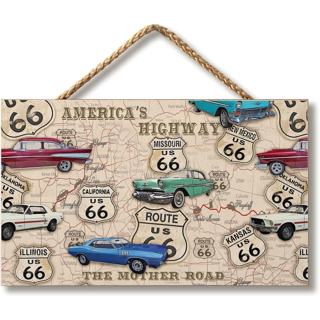 Route 66 Map Decorative Hanging Wood Sign 9.5” by 5.75” Made in the USA Includes Attractive Braided Rope Hanger - Multi