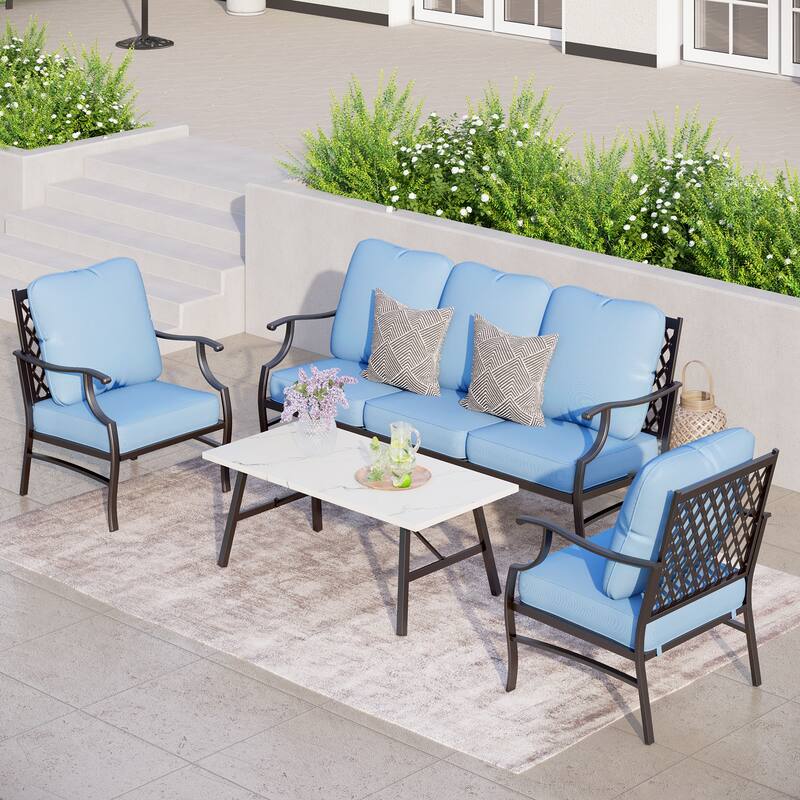 MAISON ARTS 4/5-Piece Patio Conversation Sets, Sofa Set with 2 xSingle Sofa Chairs, 1 x 3-seater Sofa and Coffee Table/Ottomans - Set 1 - Baby Blue