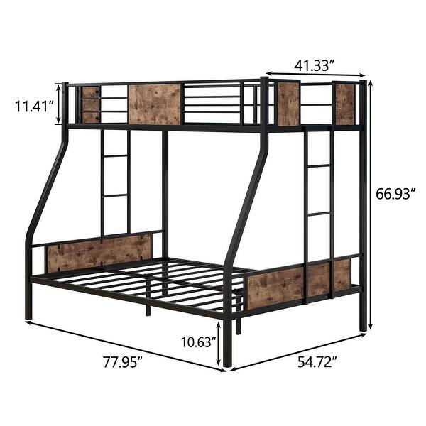 Twin over Full Metal Bunk Bed, Heavy Duty Frame with Safety Rail , 2 Side Ladders & Decorative Wood