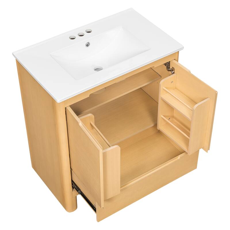 30"Softened Modern Bathroom Vanity with Ceramic Sink, Solid Wood Frame, Soft-Close Doors & Drawer, Adjustable Shelf
