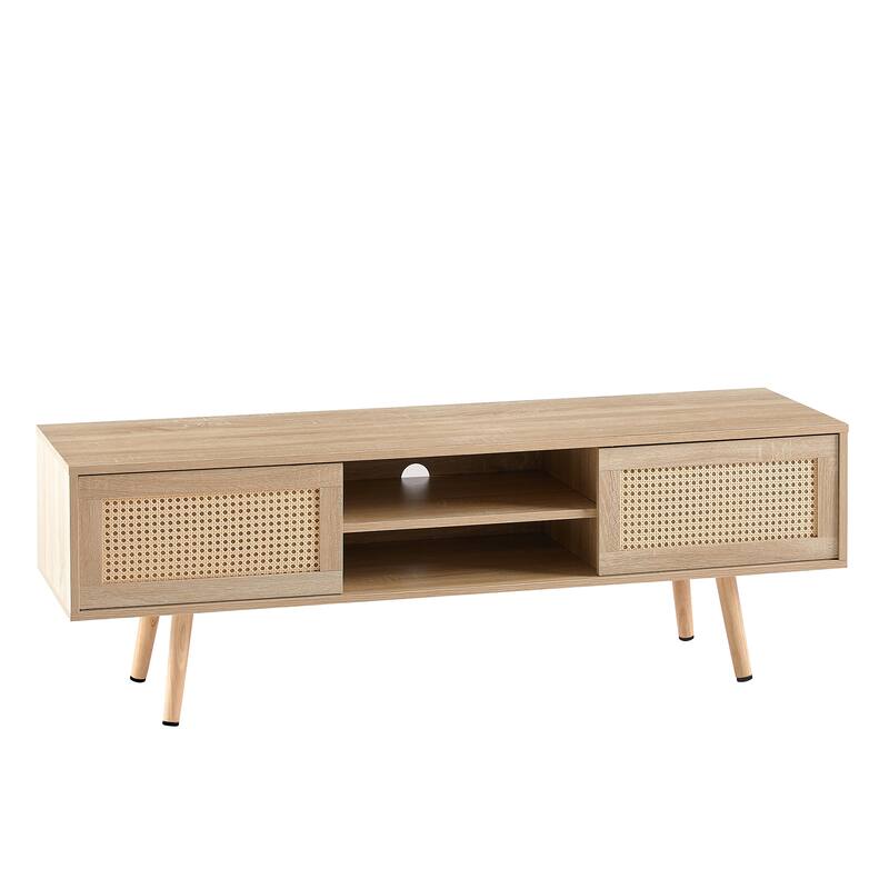 Mieres Rattan TV Stand for 65 Inch TV, Wood Entertainment Center with Sliding Rattan Doors and Adjustable Shelf