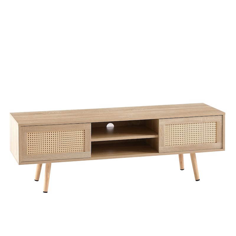 Rattan TV Cabinet with Double Sliding Doors Storage & Adjustable Shelf, Living Room Entertainment Center with Solid Wood Legs