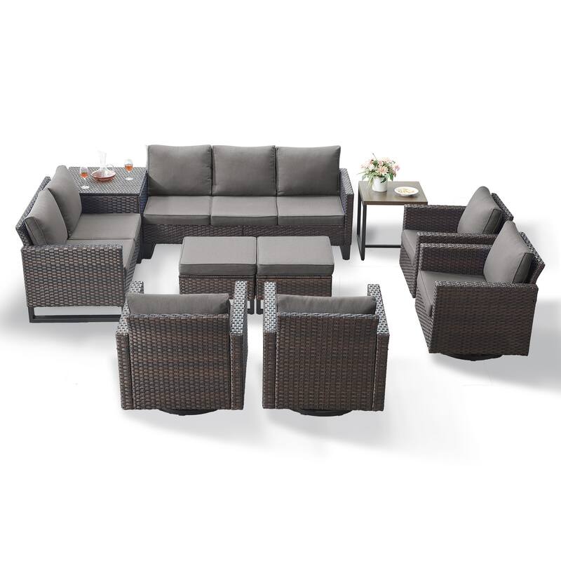 Gymojoy 9 Person Outdoor Patio Wicker Family Conversation Set Group With Swivel Chairs And Storage