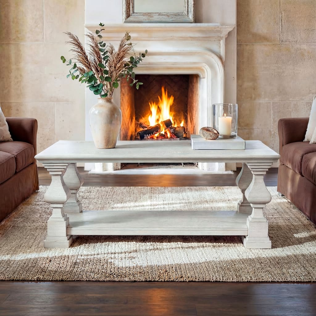 Solid Wood Coffee Table with Storage Shelf, White Washed Rustic Living Room Center Table