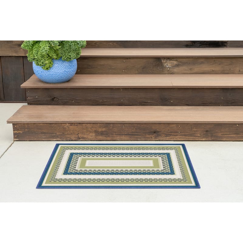 Sizzling Nautical & Coastal Striped Border Indoor/Outdoor Area Rug - 2' x 3' - Green/Blue