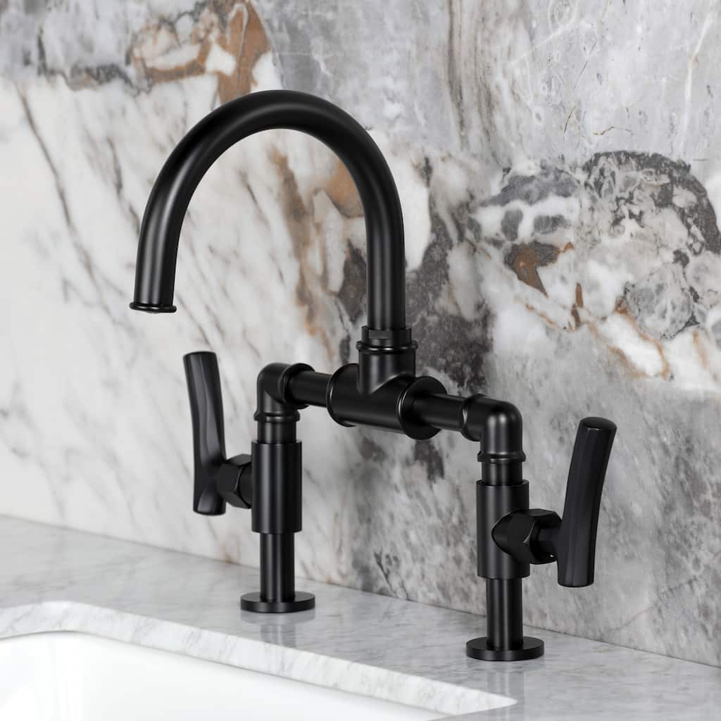 Kingston Brass Hallerbos Two-Handle 4-Hole Deck Mount Bridge Bathroom Faucet with Brass Pop-Up Drain