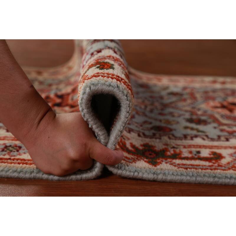 Hand Knotted Oriental 100% Wool Carpet Traditional Geometric Navy Blue & Blues Heriz (serapi) Runner Rug - 8' 4'' X 2' 6''